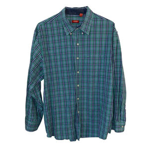 Men's IZOD Green Blue Plaid Casual Button Down Shirt XL